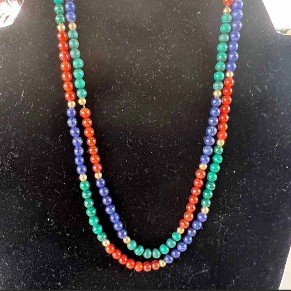 Two Gemstone Choker Necklaces. Beads made of Ruby, jade and sapphire